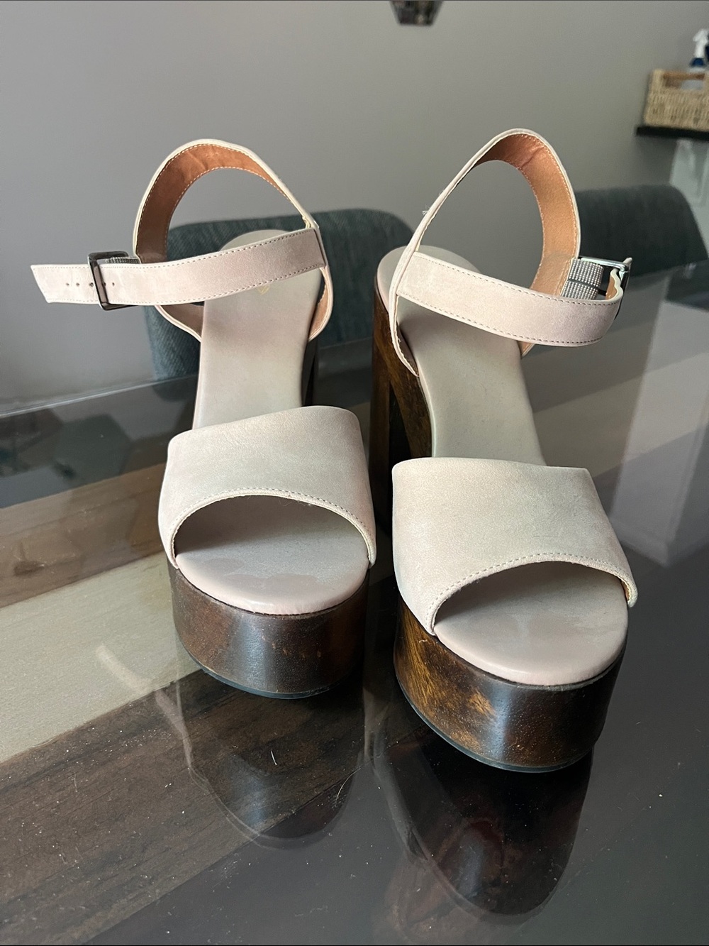 Lulu's Cream Platform Sandals with Wood-Look Heel